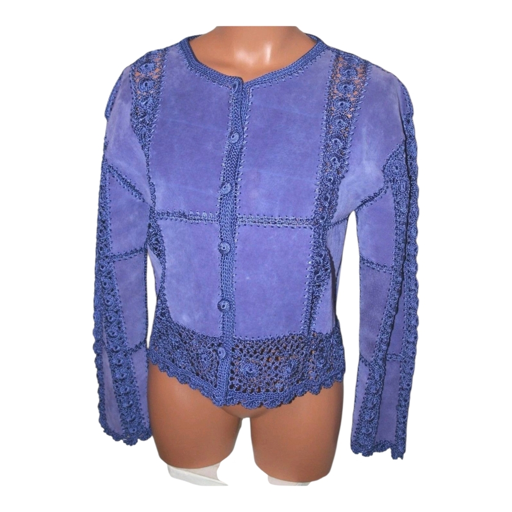 Vintage Blue Suede & Crochet Lace Jacket – Boho Button Front – Size XL